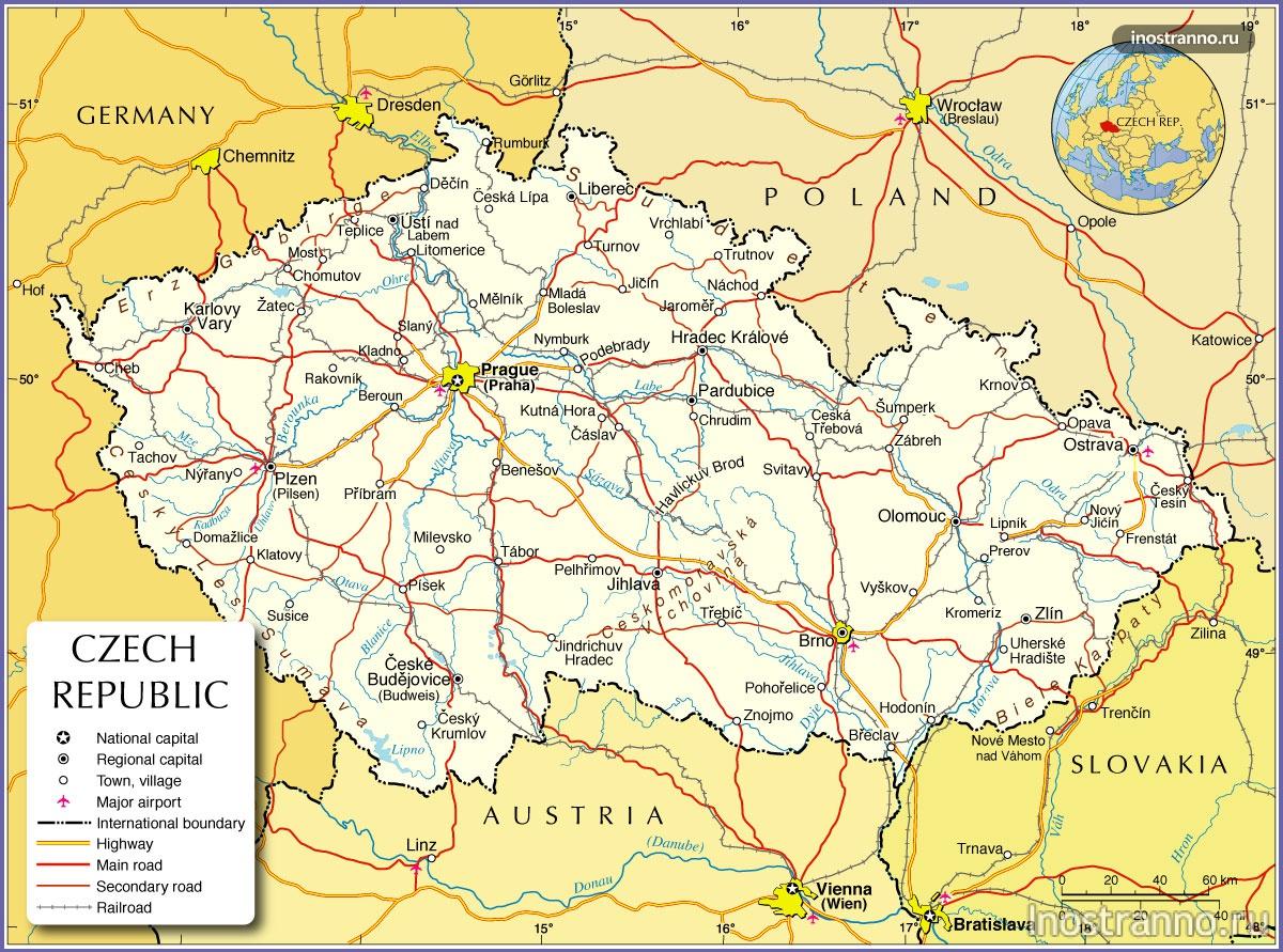 карта Чехии сдорогами и городами