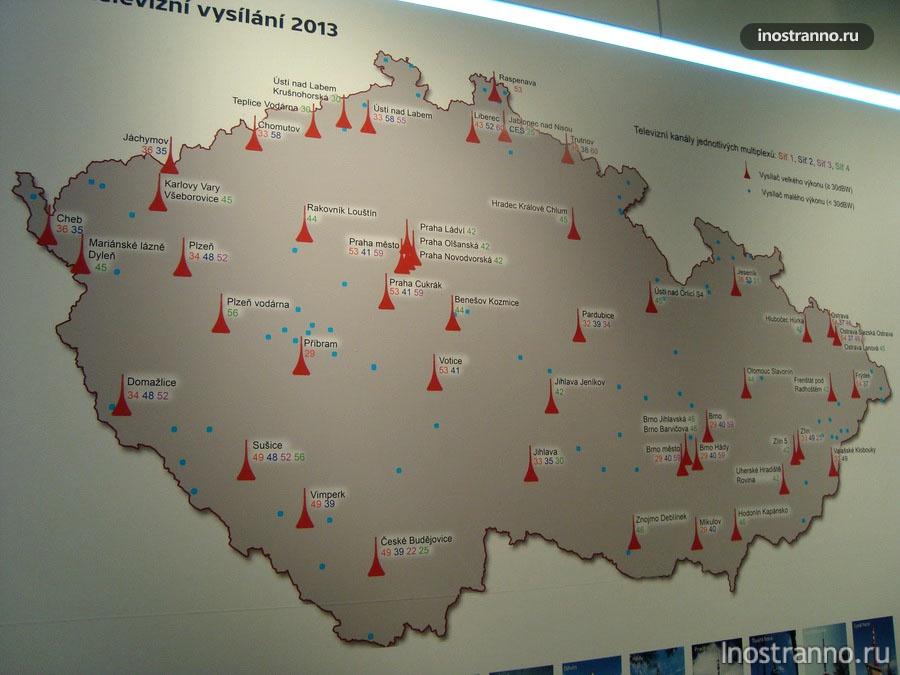 Карта Чехии с телевизионными вышками