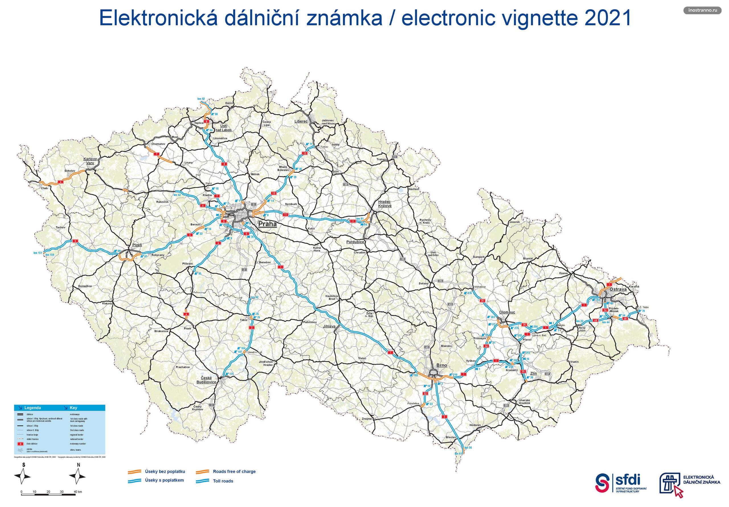 Карта платных и бесплатных дорог Чехии