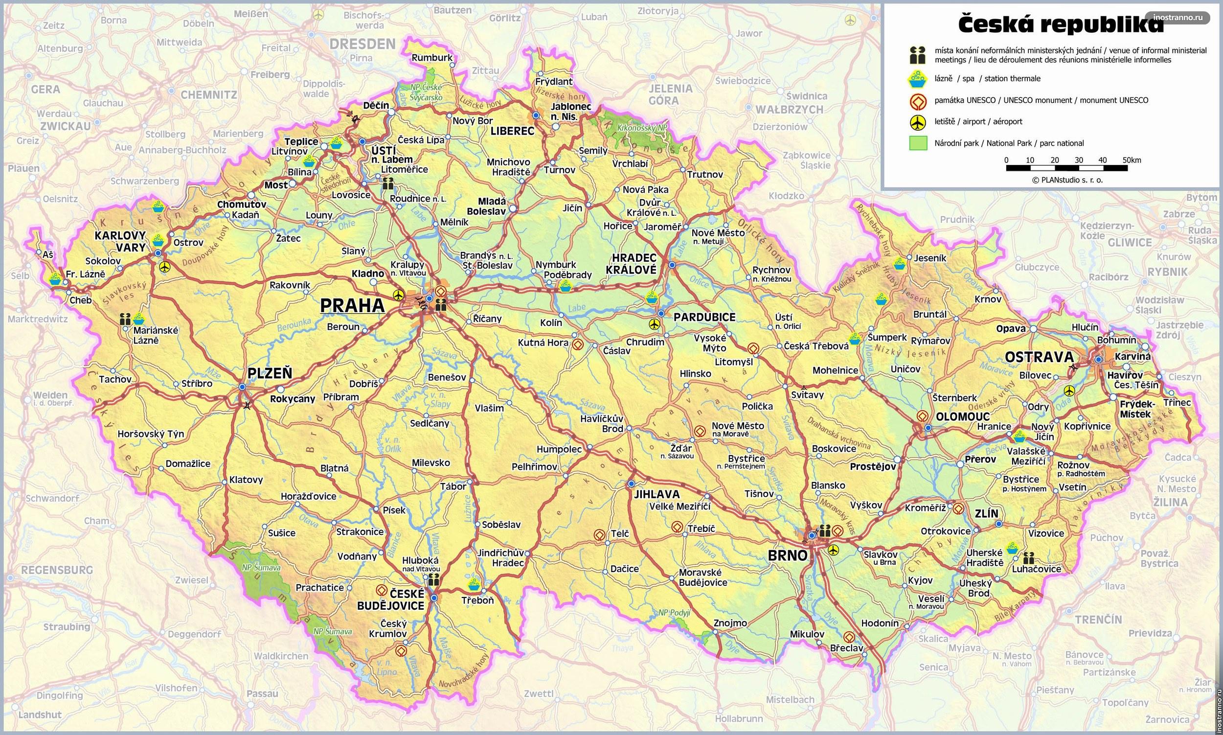 Подробная карта Чехии