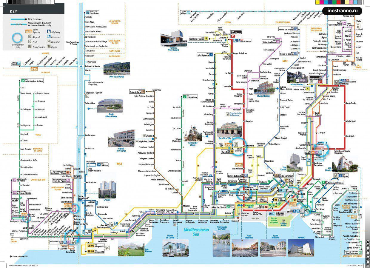 Общественный транспорт Ниццы схема с достопримечательностями