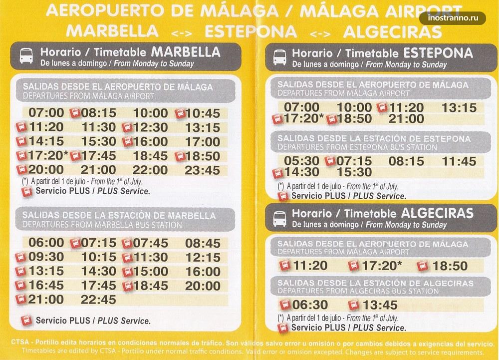 Расписание автобуса до Марбельи из аэропорта Малаги
