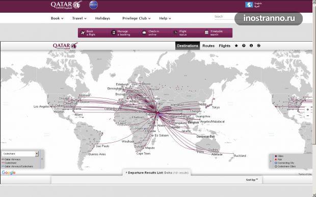 Карта полетов Катарских авиалиний