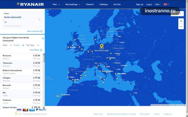 Ryanair карта полетов