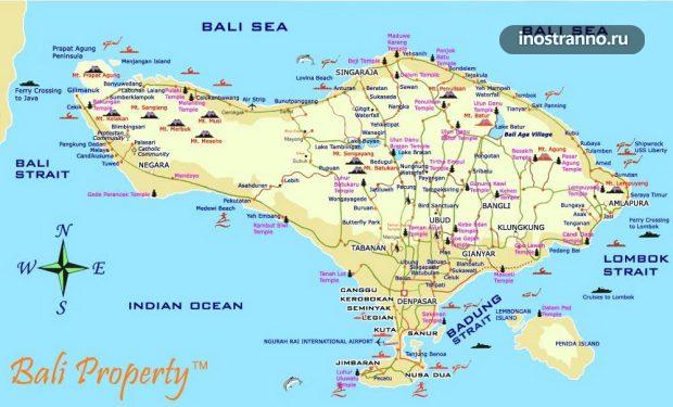 Карта городов и пляжей Бали