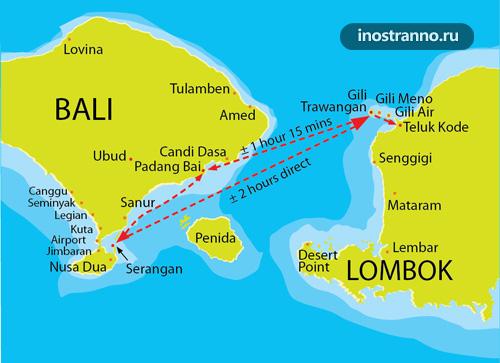 Паромы и катера с Бали на Ломбок и Гили карта
