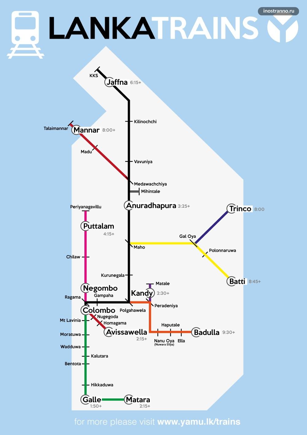 Карта поездов железнодорожной сети на Шри-Ланке