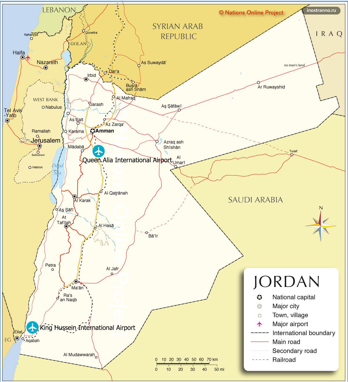 Аэропорты Акаба и Амман на карте Иордании