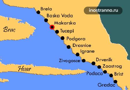 Карта Макарской ривьеры Хорватия