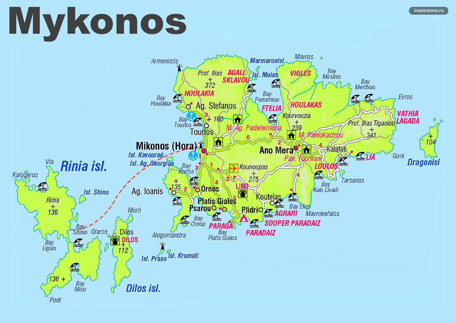 Миконос карта пляжей, курортов и городове