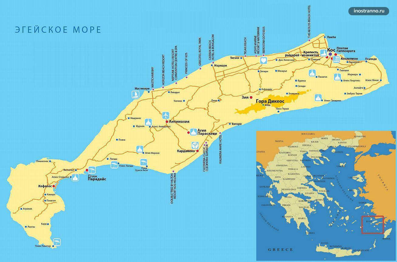 Карта острова Кос с достопримечательностями