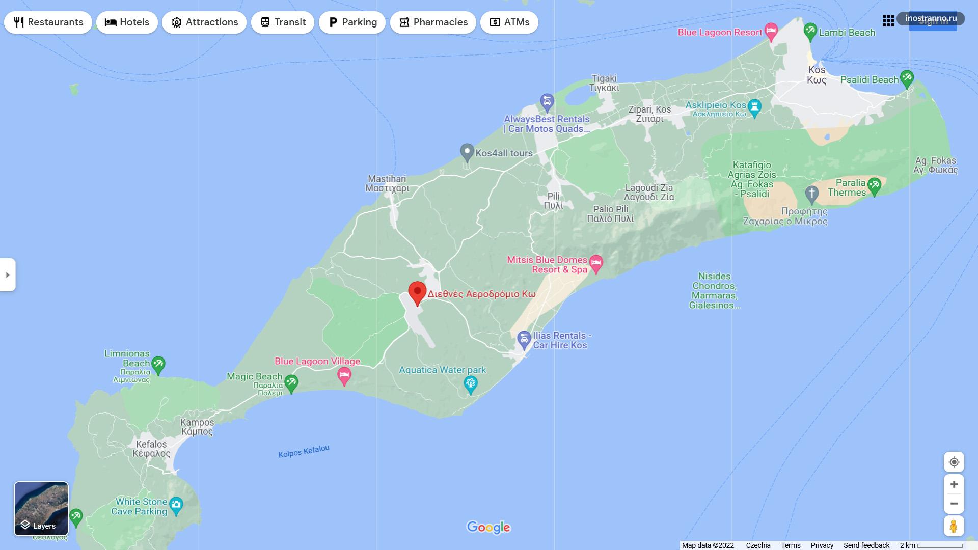 Расположение аэропорта Кос на карте